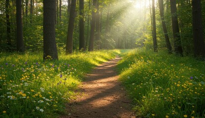 Fototapeta premium Sunlit path through a forest with wildflowers, Serene, peaceful nature scene,