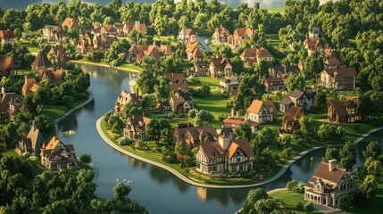 Obraz premium This 3D map illustrates a quaint downtown area featuring elegant Victorian homes, vibrant parks, and a riverside setting, all surrounded by lush forest greenery.