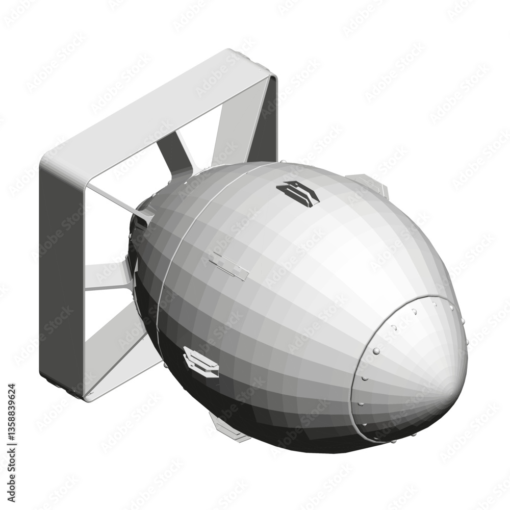 Poster a white and grey bomb with a fan on the side. the bomb is in the middle of the image and the fan is 