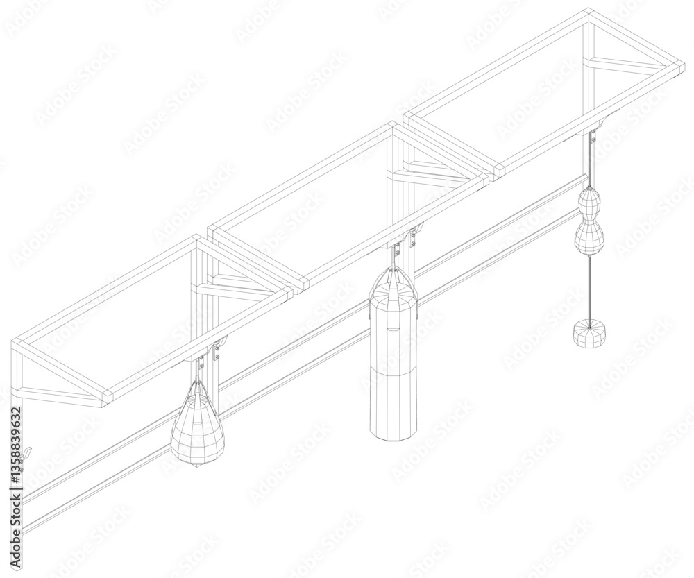 Poster outline of a set with different types of punching bags. front view