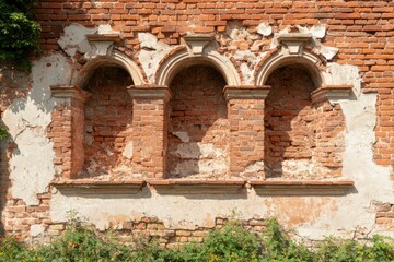 Fototapeta premium Old bricked wall with ornate windows and ivy in sunlight for historical stock