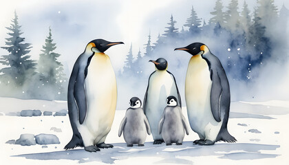 Fototapeta premium Watercolor illustration depicting adult emperor penguins and chicks in a snowy setting