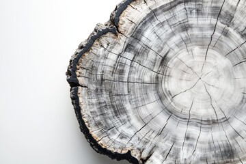 Cross-section of a petrified tree trunk, showcasing intricate growth rings and dark, charred edges.