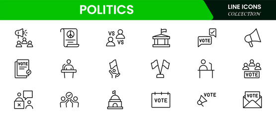 Politics icon set. It contains vector icons of Teams, Decrees, Votes, Absenteeism, Ballots, Campaigns, Demographics, Wars, Patriotism, Elections, Flags, Solutions, and Checking.