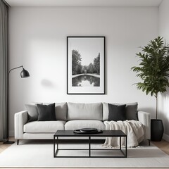 Modern Living Room Interior with Grey Sofa and Black and White Artwork