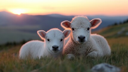 Fototapeta premium Two adorable lambs resting in a grassy field at sunset