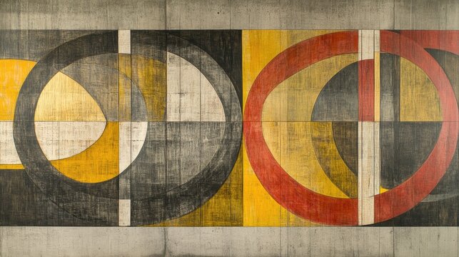 A vibrant painting featuring two overlapping circles in bold colors, set against a textured wall. The circles create a dynamic visual contrast, inviting viewers to explore their shapes.