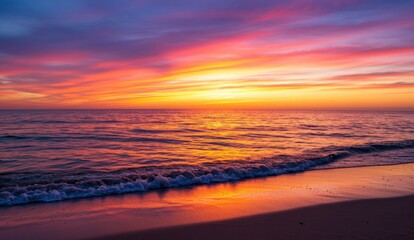 Naklejka premium Colorful sunset over the ocean on a sandy beach,