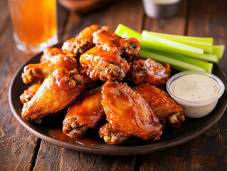 Crispy golden-brown chicken wings coated in BBQ sauce with ranch and celery celebrating National Chicken Wing Day
