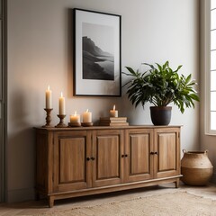 Modern Living Room Interior with Wooden Sideboard, Candles, and Plants