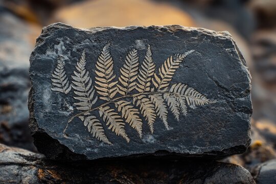 A fossilized fern frond beautifully preserved in a dark grey stone, showcasing intricate details of ancient plant life.
