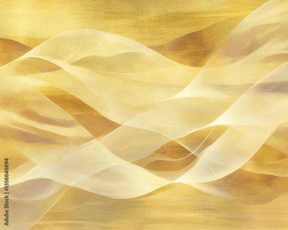 Poster a vibrant painting featuring a shimmering golden background, adorned with dynamic waves in varying s