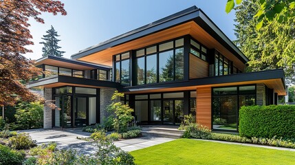 Fototapeta premium Modern detached home with sleek architecture large windows lush greenery around bright sunlight highlighting sharp details. 