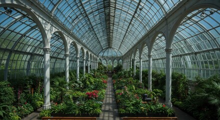 Serene Glasshouse Interior Lush Greenery Architectural Details Botanical Garden