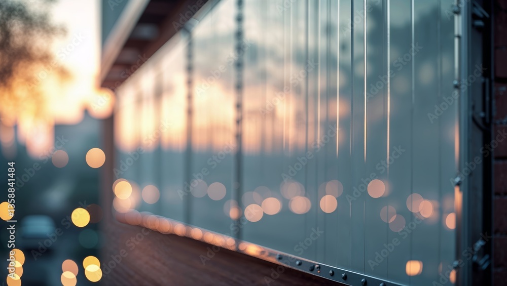 Poster reflections of sunset on a glass surface in an urban setting with soft bokeh lights in the backgroun