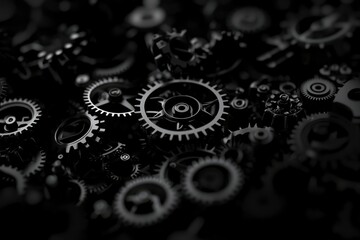 Close-up of silver gears and cogs interconnected, motion, engineering background