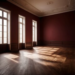 Sunlit Empty Room with Dark Red Walls and Herringbone Wood Floor