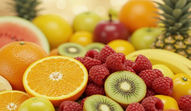 Close-up of assorted fresh fruits in vibrant, healthy still life,