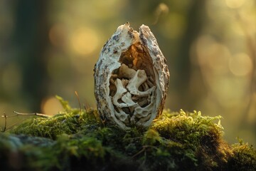 Obraz premium A decaying mushroom's skeletal remains rest on a bed of vibrant green moss in a sun-drenched forest.