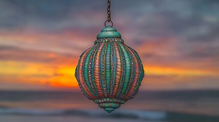 Obraz premium Colorful ornate lantern hanging against a scenic background of sunset and ocean waves, creating a serene atmosphere