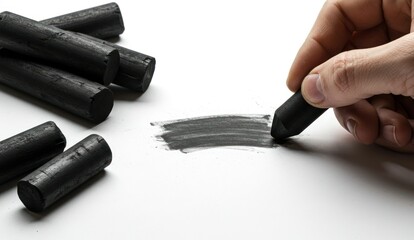 Hand using charcoal stick for art on a white surface, artist supplies,