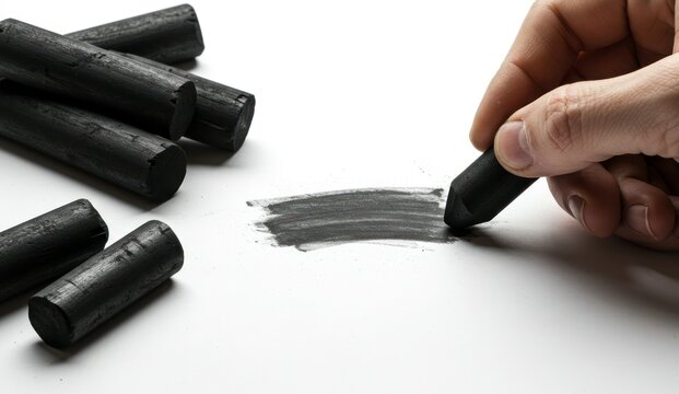 Hand using charcoal stick for art on a white surface, artist supplies, - Powered by Adobe