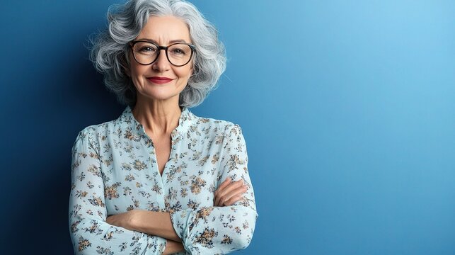 Smiling Elderly Woman with Grey Hair and Glasses Against Blue Background