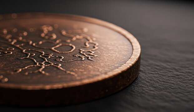 Close-up of a euro coin on a dark surface, focusing on detail,