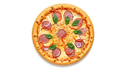 Delicious Salami Pizza with Fresh Basil and Red Onion on White