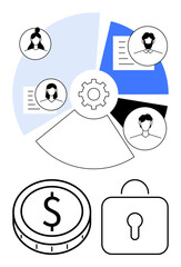 Circular chart with gear, user profiles, documents, coin, and padlock. Ideal for teamwork, data flow, finance, project management security analytics abstract line flat metaphor