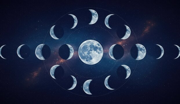 Lunar cycle in space with phases of the moon against a starry nebula,