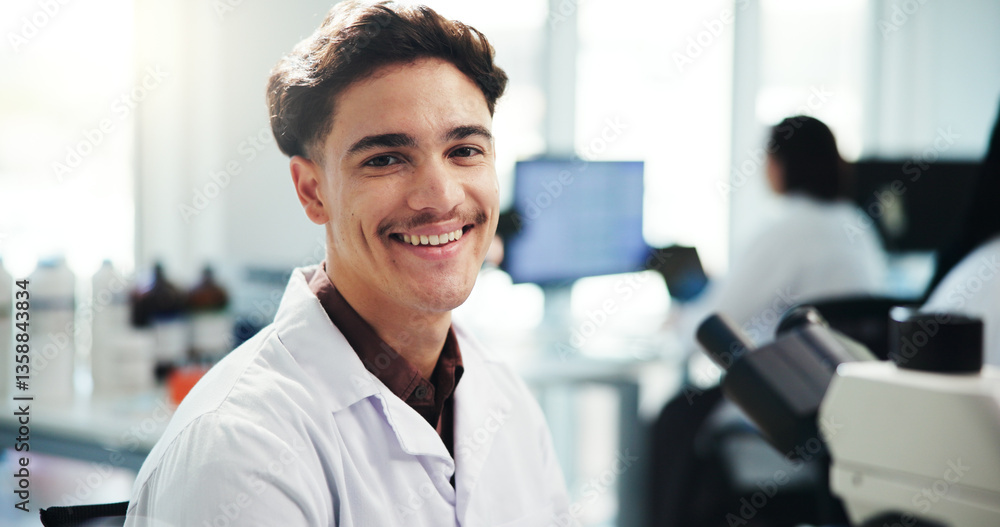 Aufkleber Portrait, man and scientist with microscope in lab for medical research, experiment and about us. Smile, male person and biotechnology industry, study virus and sample testing for vaccine development