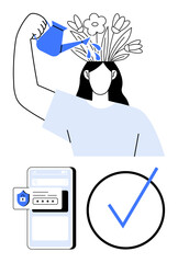 Woman watering flowers growing from her head symbolizing self-care and growth. Mobile app screen with login security and checkmark reinforcing digital safety. Ideal for wellness, security