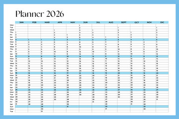 2026 Wall Calendar horizontal. Yearly Calendar. Monthly calendar template for 2026 year. Wall or desk calendar in aesthetic style. Blue color