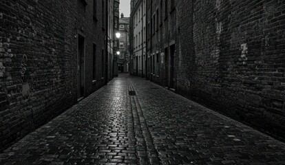 A dark, narrow alleyway is paved with glistening cobblestone and brick walls,