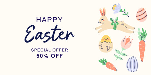Happy Easter horizontal banner with hares, chicken and flowers around the edge on beige background. Design with text for discount. Happy Easter hand drawn card. Flat illustration with partial outline