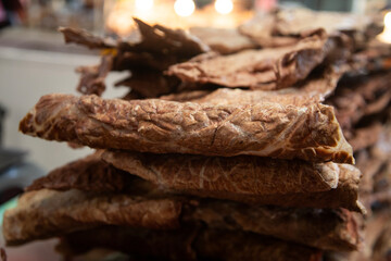 Dried lung animal at a meat stand in the Atlixco market in Mexico.
