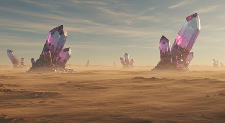 Surreal Desert Landscape with Giant Purple Crystals Futuristic Alien Planet Sci Fi Scene