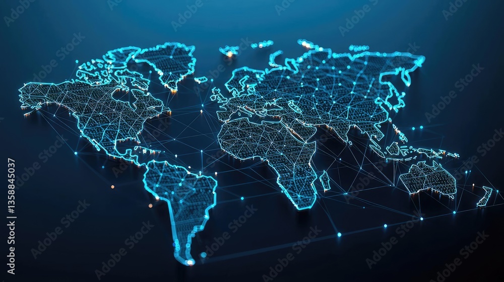 Poster cargo logistics and world map in transportation network concept. stylized digital world map with int