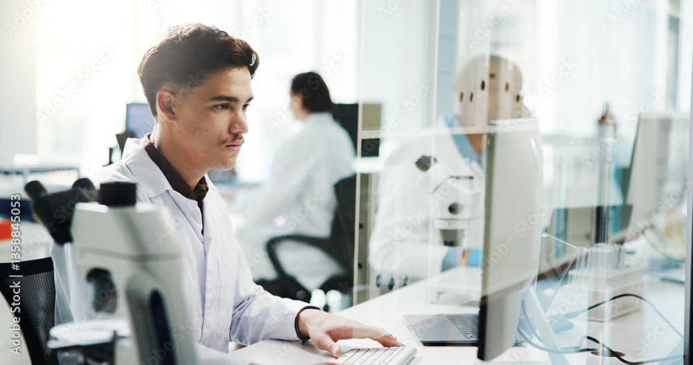 Aufkleber Man, scientist and typing on computer in lab of medical research, experiment and information. Person, microscope or online of healthcare report, biotech and investigation feedback of vaccine solution