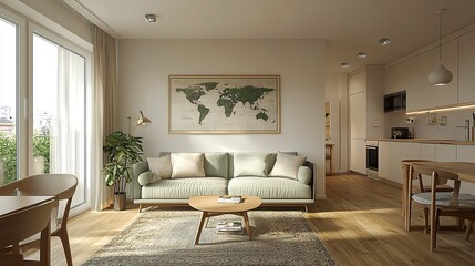 Nordic-style open living and dining area mint sofa wooden furniture framed map on white wall greenery and soft light simple elegance. 
