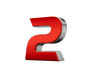 Metallic Red number 2 Two with silver edges . 3d illustration