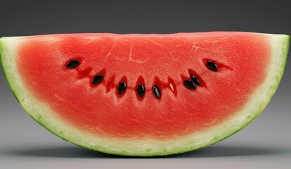 A close up shot of a juicy slice of red watermelon with black seeds,