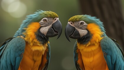 Fototapeta premium Two colorful macaws interacting in a natural setting 