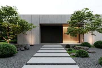 Modern house entrance with a Zen garden, walkway, rocks, and lush landscaping