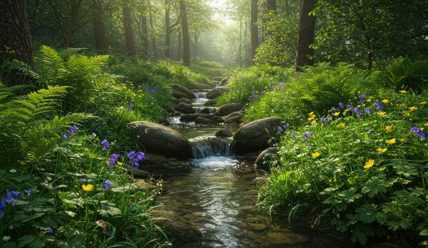 A serene forest stream with wildflowers and lush greenery,