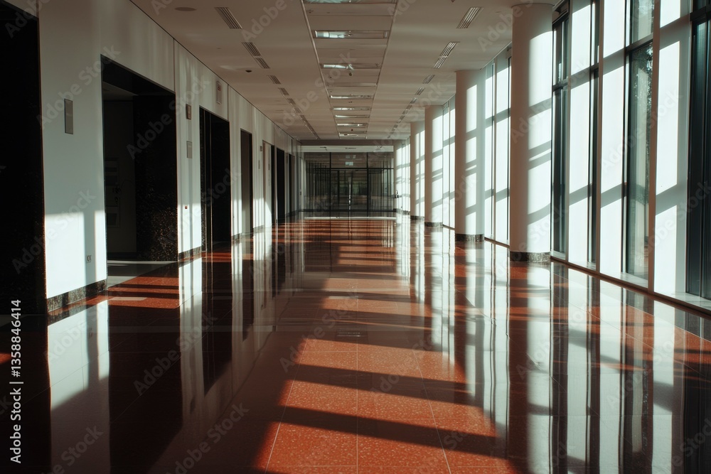 Wall mural empty corridor with light streaming through windows onto the reflective floor tiles