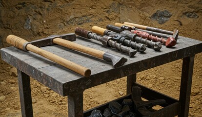 Mining tools and coal on a workbench in an industrial setting,
