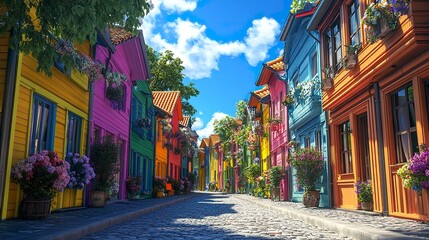 Fototapeta premium Picturesque city view of wooden houses in a rainbow of colors lined neatly along cobblestone streets bright blue sky in the backdrop. 
