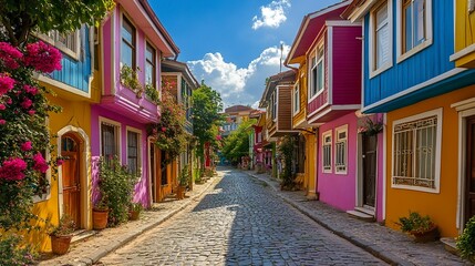 Fototapeta premium Picturesque city view of wooden houses in a rainbow of colors lined neatly along cobblestone streets bright blue sky in the backdrop. 